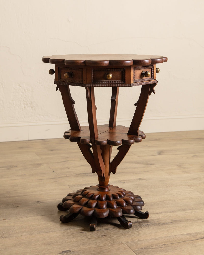 Scallop Carved Wood Folk Art Accent Table w/ Triangle Drawers - Lone Fox