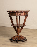 Scallop Carved Wood Folk Art Accent Table w/ Triangle Drawers - Lone Fox