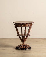 Scallop Carved Wood Folk Art Accent Table w/ Triangle Drawers - Lone Fox