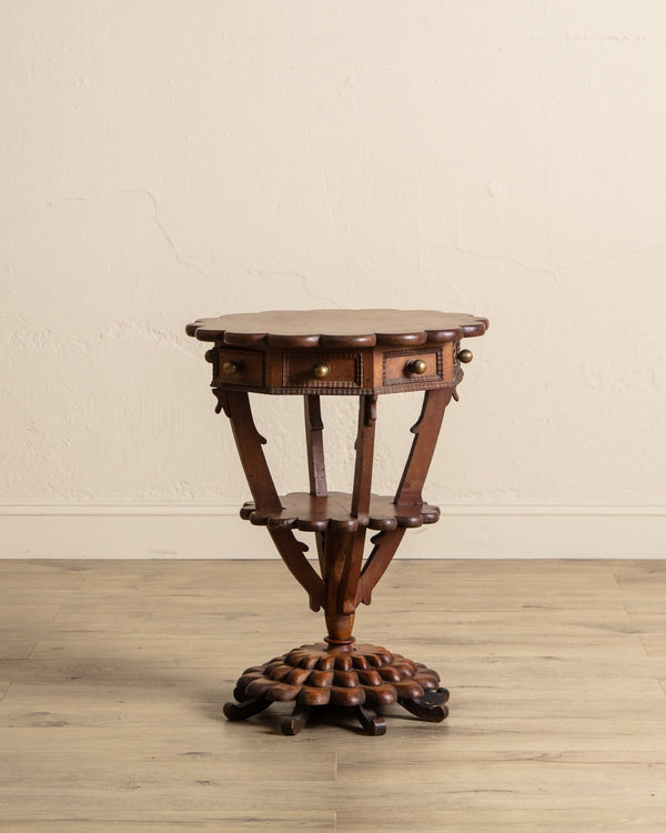 Scallop Carved Wood Folk Art Accent Table w/ Triangle Drawers - Lone Fox