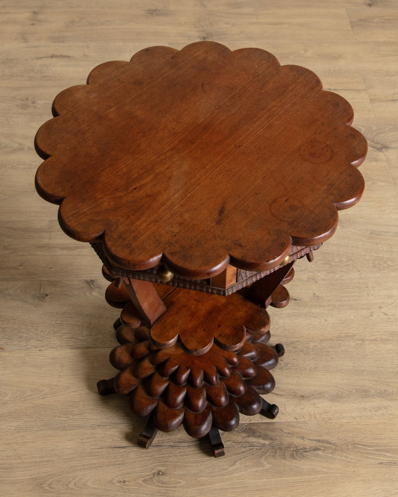 Scallop Carved Wood Folk Art Accent Table w/ Triangle Drawers - Lone Fox