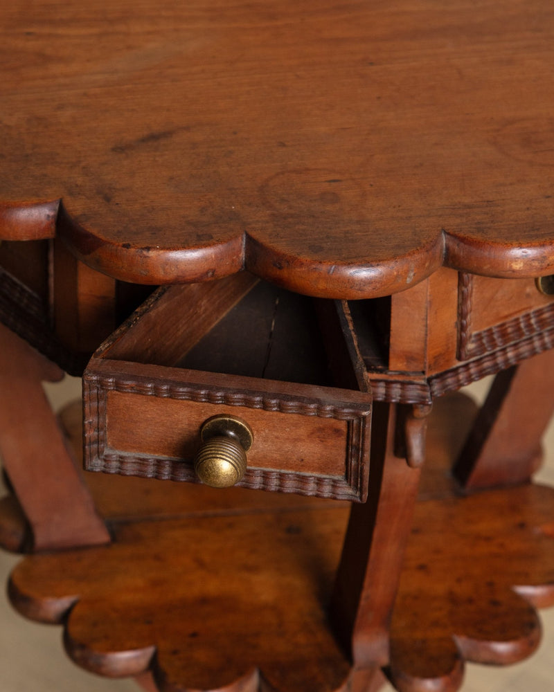 Scallop Carved Wood Folk Art Accent Table w/ Triangle Drawers - Lone Fox