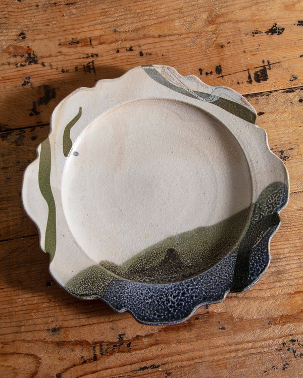 Scalloped Abstract Studio Pottery Plate, Signed - Lone Fox