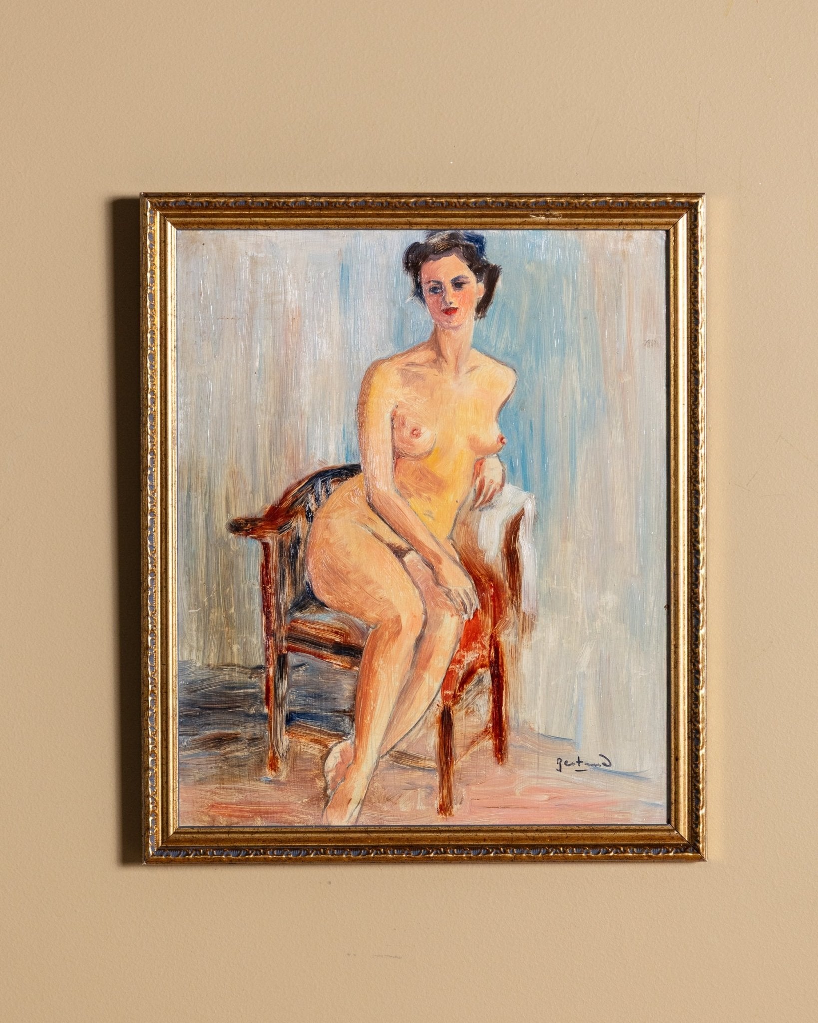 Seated Nude Oil Painting by Bertrand, France, 1950's - Lone Fox