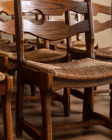 Set of 12 Brutalist Razor Blade Oak & Rush Dining Chairs, Belgium, 1960's - Lone Fox