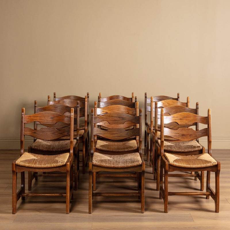 Set of 12 Brutalist Razor Blade Oak & Rush Dining Chairs  display picture 2