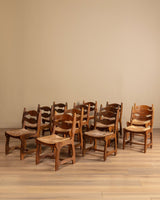 Set of 12 Brutalist Razor Blade Oak & Rush Dining Chairs, Belgium, 1960's - Lone Fox