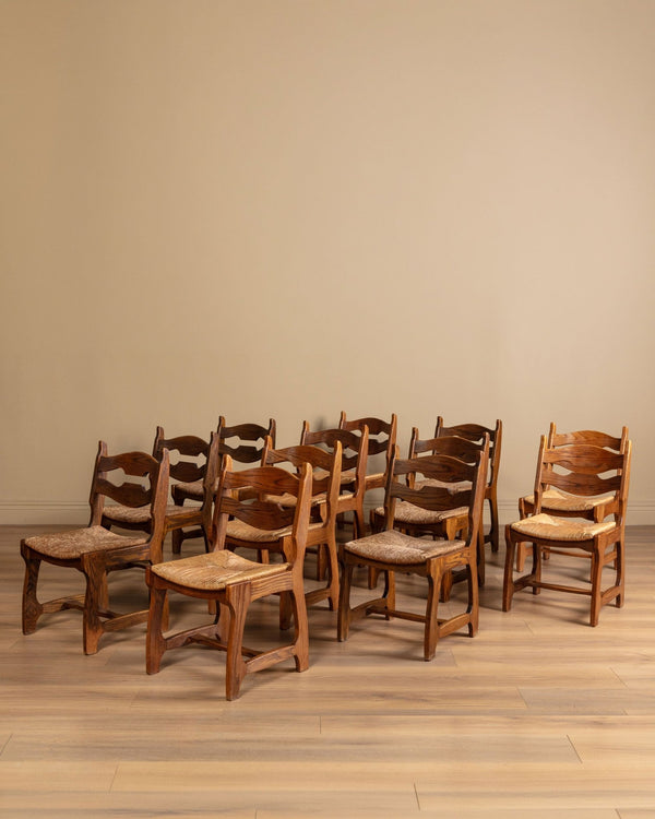 家具・インテリア FIGHTING IRISH 70s College Box Set of 12 Brutalist Razor Blade Oak & Rush Dining Chairs, Belgium