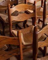 Set of 12 Brutalist Razor Blade Oak & Rush Dining Chairs, Belgium, 1960's - Lone Fox