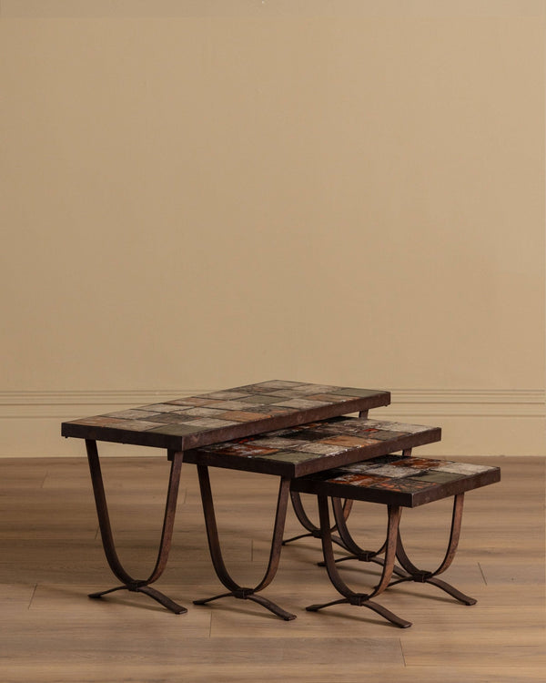 Set of 3 Iron & Tile Nesting Tables, France, 1960's - Lone Fox