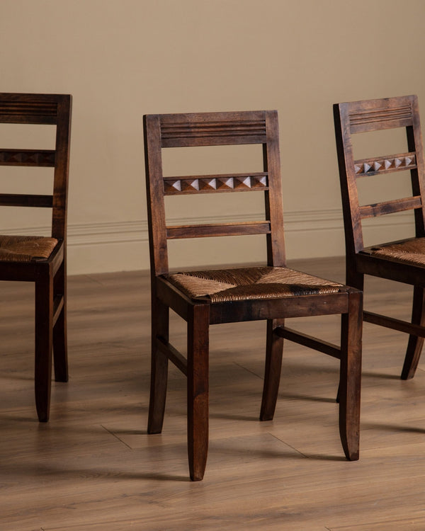 Set of 4 Art Deco Walnut & Rush Dining Chairs, France, 1940's - Lone Fox