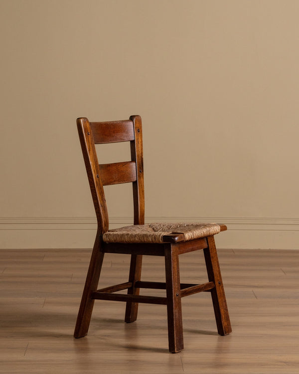 Set of 4 Brutalist Oak & Rush Dining Chairs, France, 1945 - Lone Fox