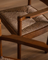 Set of 4 Brutalist Razor Blade Oak & Rush Dining Chairs, Belgium, 1960's - Lone Fox