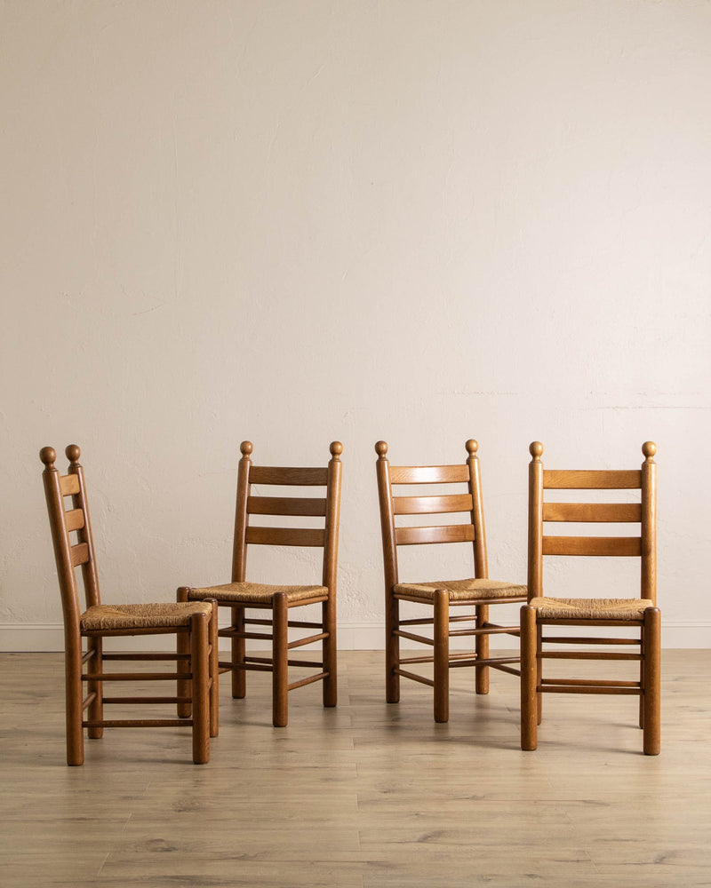 Set of 4 Dutch Oak & Rush Dining Chairs, Style of Dudouyt - Lone Fox