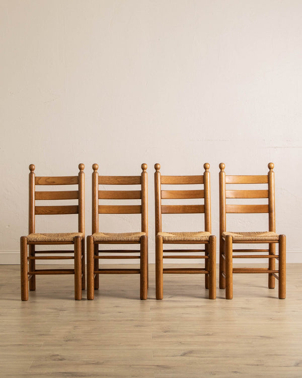 Set of 4 Dutch Oak & Rush Dining Chairs, Style of Dudouyt - Lone Fox