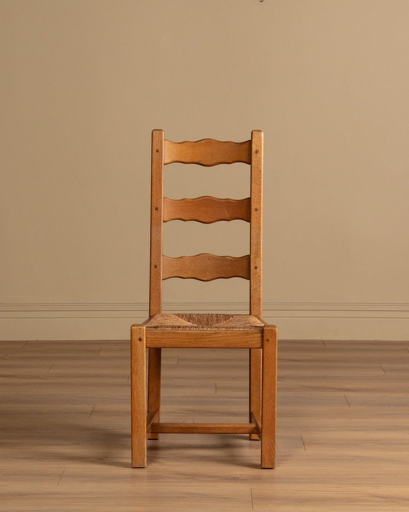 Set of 4 French Oak High Back Rush Seat Dining Chairs, France
