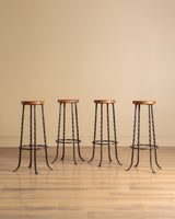 Set of 4 French Oak & Twisted Iron Bar Stools, 1960's - Lone Fox