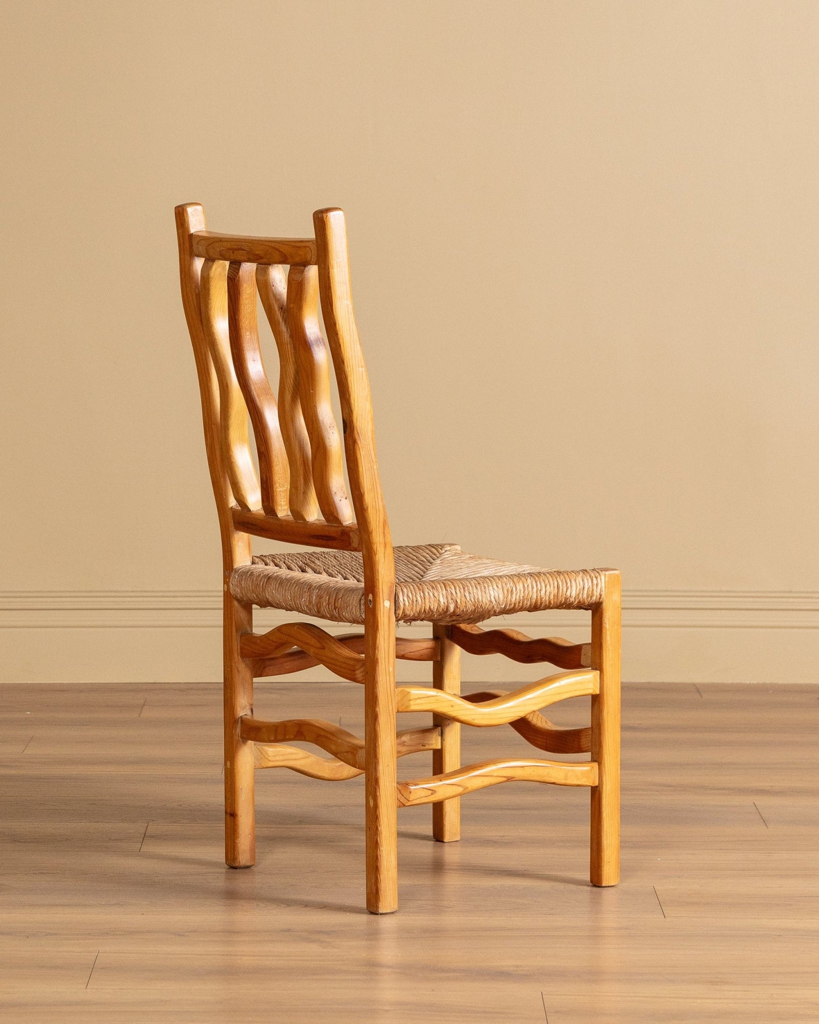 Wavy Pine & Rush Dining Chairs, 1970