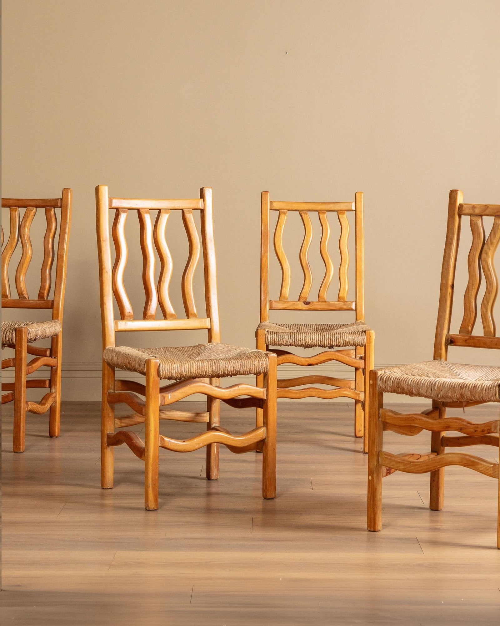 Wavy Pine & Rush Dining Chairs, 1970