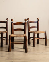 Set of 4 Wood & Rush Chairs by Charles Dudouyt, France, 1960's - Lone Fox