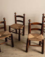 Set of 4 Wood & Rush Chairs by Charles Dudouyt, France, 1960's - Lone Fox