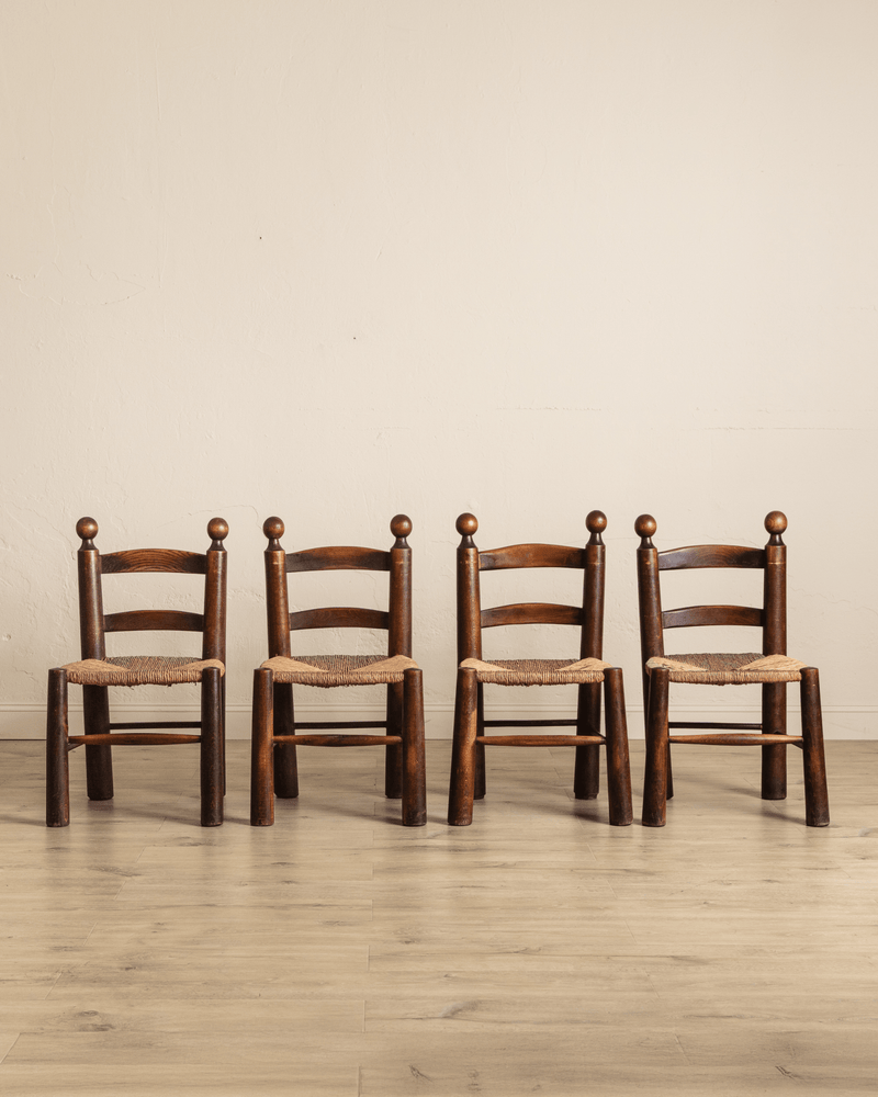 Set of 4 Wood & Rush Chairs by Charles Dudouyt, France, 1960's - Lone Fox