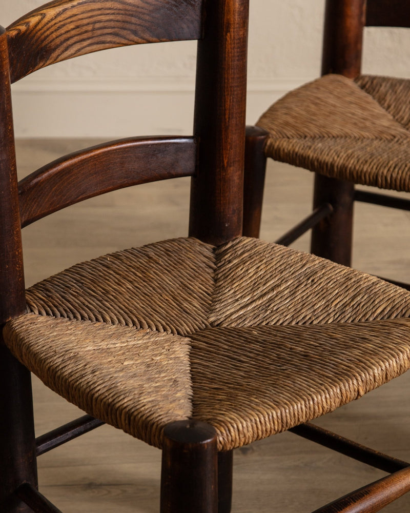 Set of 4 Wood & Rush Chairs by Charles Dudouyt, France, 1960's - Lone Fox