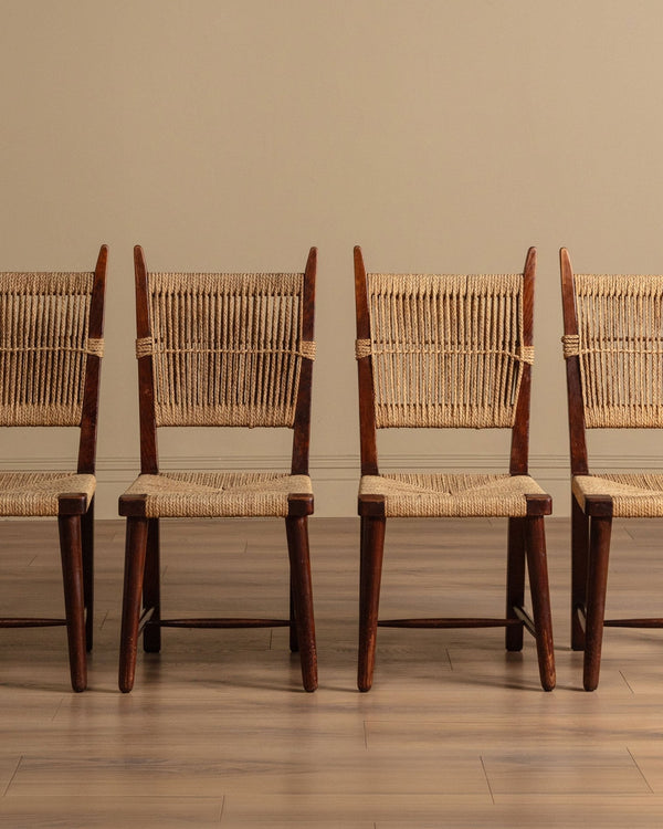 Set of 4 Woven Hemp & Wood Dining Chairs, France, 1950's - Lone Fox