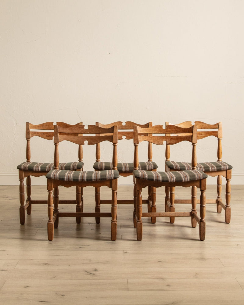Set of 5 Oak & Green Striped Razorblade Chairs by Henning Kjaernulf, Denmark, 1960's - Lone Fox
