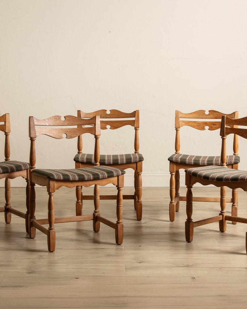 Set of 5 Oak & Green Striped Razorblade Chairs by Henning Kjaernulf, Denmark, 1960's - Lone Fox
