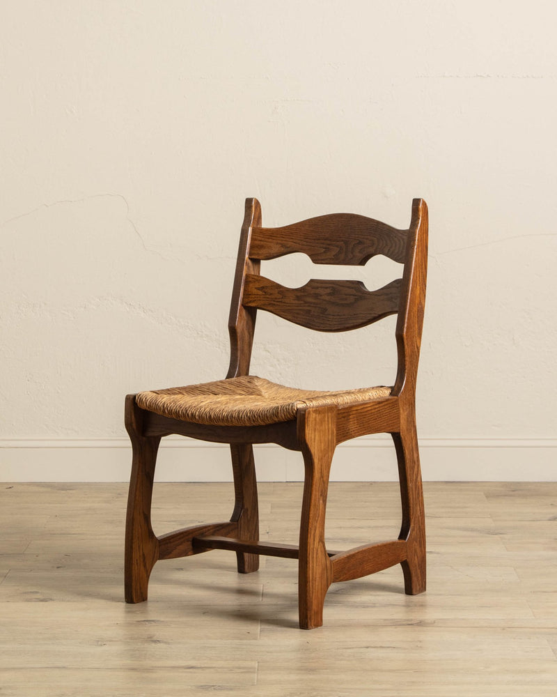 Set of 6 Belgian Oak & Rush Brutalist Razor Blade Dining Chairs, 1960's - Lone Fox