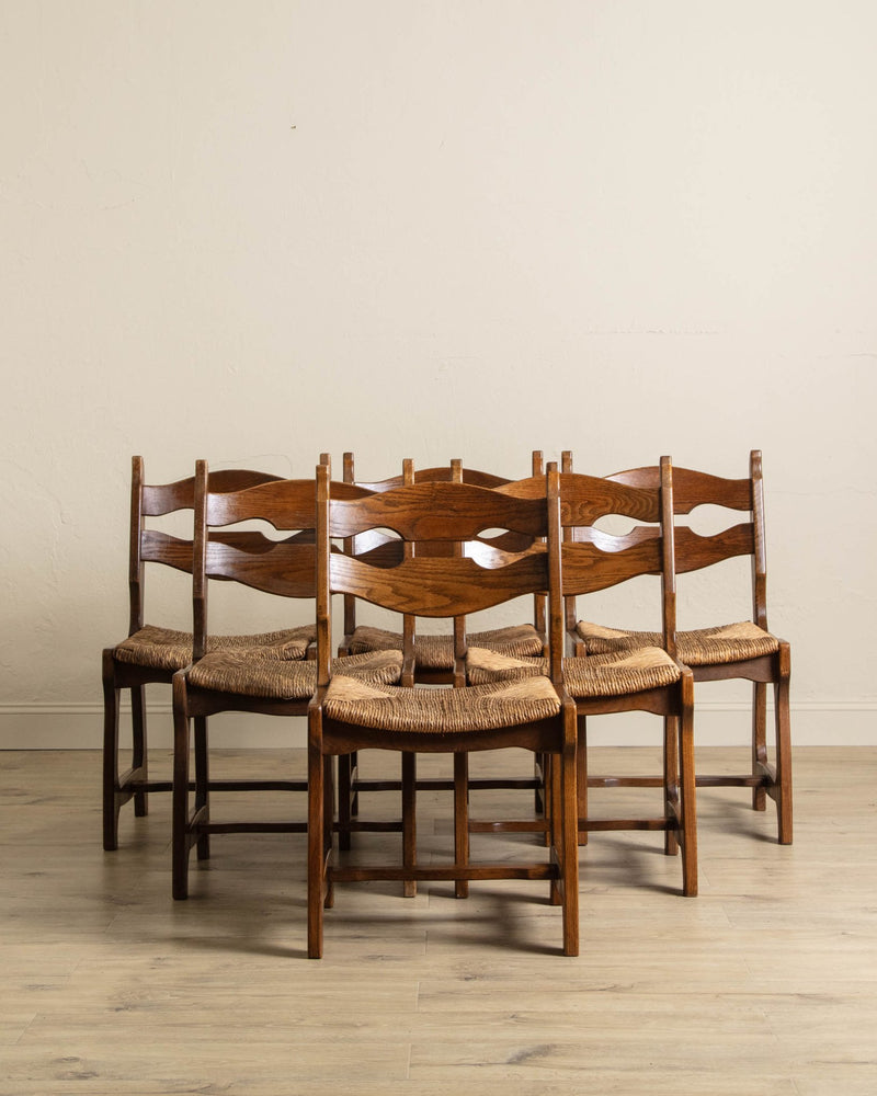 Set of 6 Belgian Oak & Rush Brutalist Razor Blade Dining Chairs, 1960's - Lone Fox