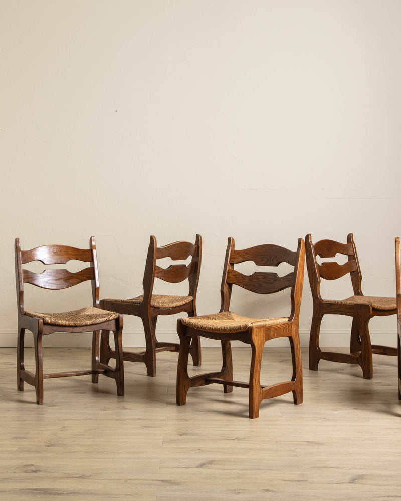 Set of 6 Belgian Oak & Rush Brutalist Razor Blade Dining Chairs, 1960's - Lone Fox