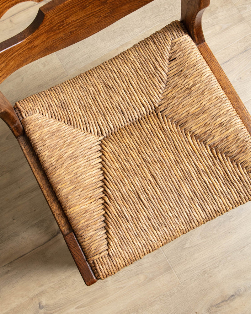 Set of 6 Belgian Oak & Rush Brutalist Razor Blade Dining Chairs, 1960's - Lone Fox