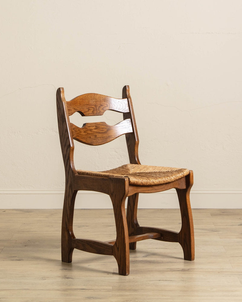 Set of 6 Belgian Oak & Rush Brutalist Razor Blade Dining Chairs, 1960's - Lone Fox