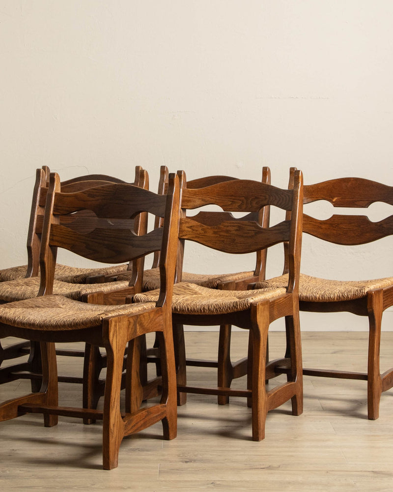 Set of 6 Belgian Oak & Rush Brutalist Razor Blade Dining Chairs, 1960's - Lone Fox