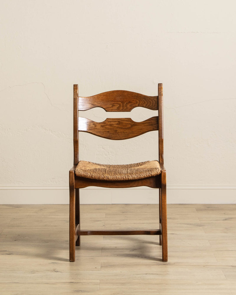 Set of 6 Belgian Oak & Rush Brutalist Razor Blade Dining Chairs, 1960's - Lone Fox