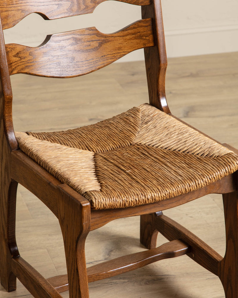 Set of 6 Belgian Oak & Rush Brutalist Razor Blade Dining Chairs, 1960's - Lone Fox