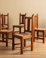 Set of 6 Brutalist Oak & Rush Dining Chairs, Belgium, 1960s - Lone Fox