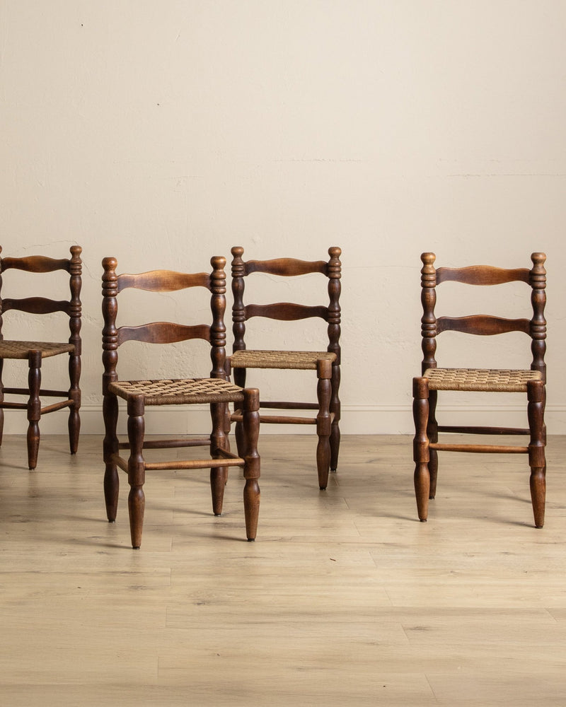 Set of 6 Brutalist Wood Turned Dining Chairs Manner of Charles Dudouyt, France, 1940's - Lone Fox