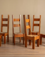 Set of 6 Chunky Pine & Rush Ladder Back Dining Chairs, France, 1960's - Lone Fox