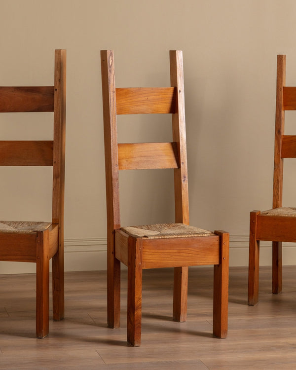 Set of 6 Chunky Pine & Rush Ladder Back Dining Chairs, France, 1960's - Lone Fox