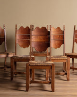 Set of 6 French Carved Oak & Rush Dining Chairs, 1940's - Lone Fox