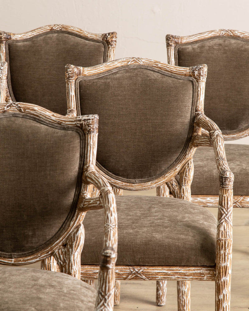 Set of 6 French Faux Bois Wood Armchairs w/ Taupe Chenille - Lone Fox