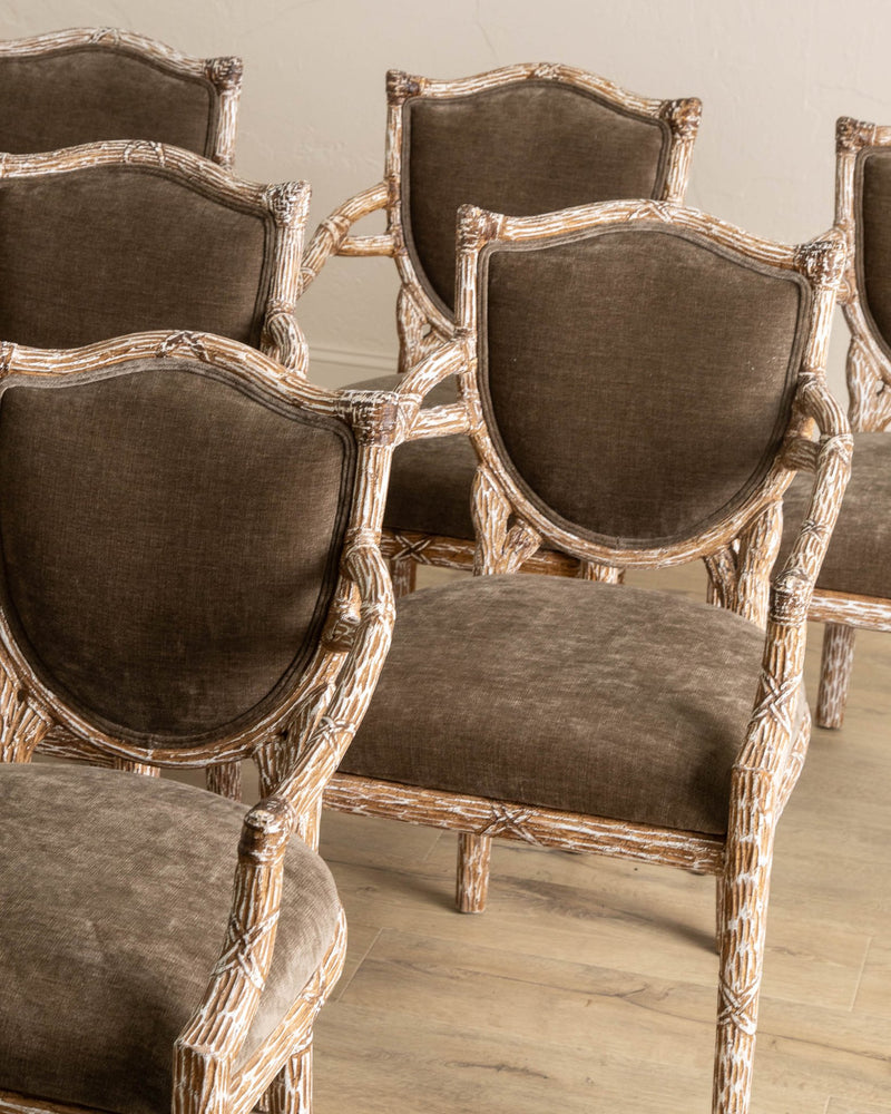 Set of 6 French Faux Bois Wood Armchairs w/ Taupe Chenille - Lone Fox