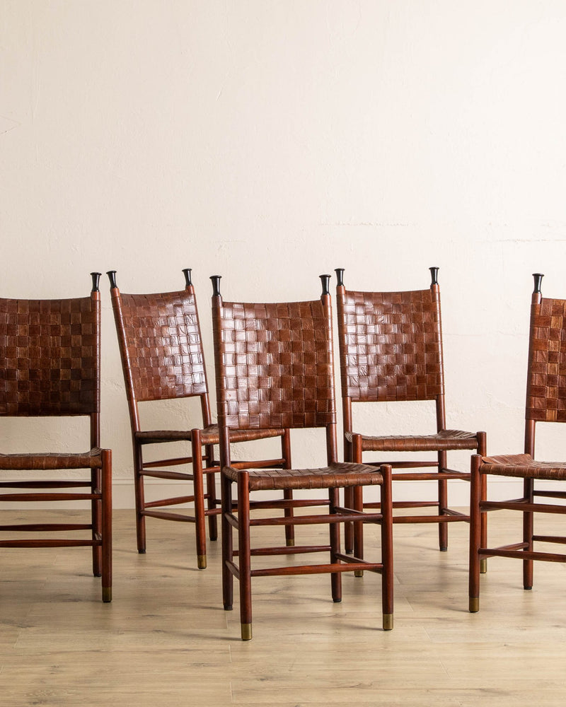 Set of 6 Schuitema Woven Leather & Oak Dining Chairs - Lone Fox