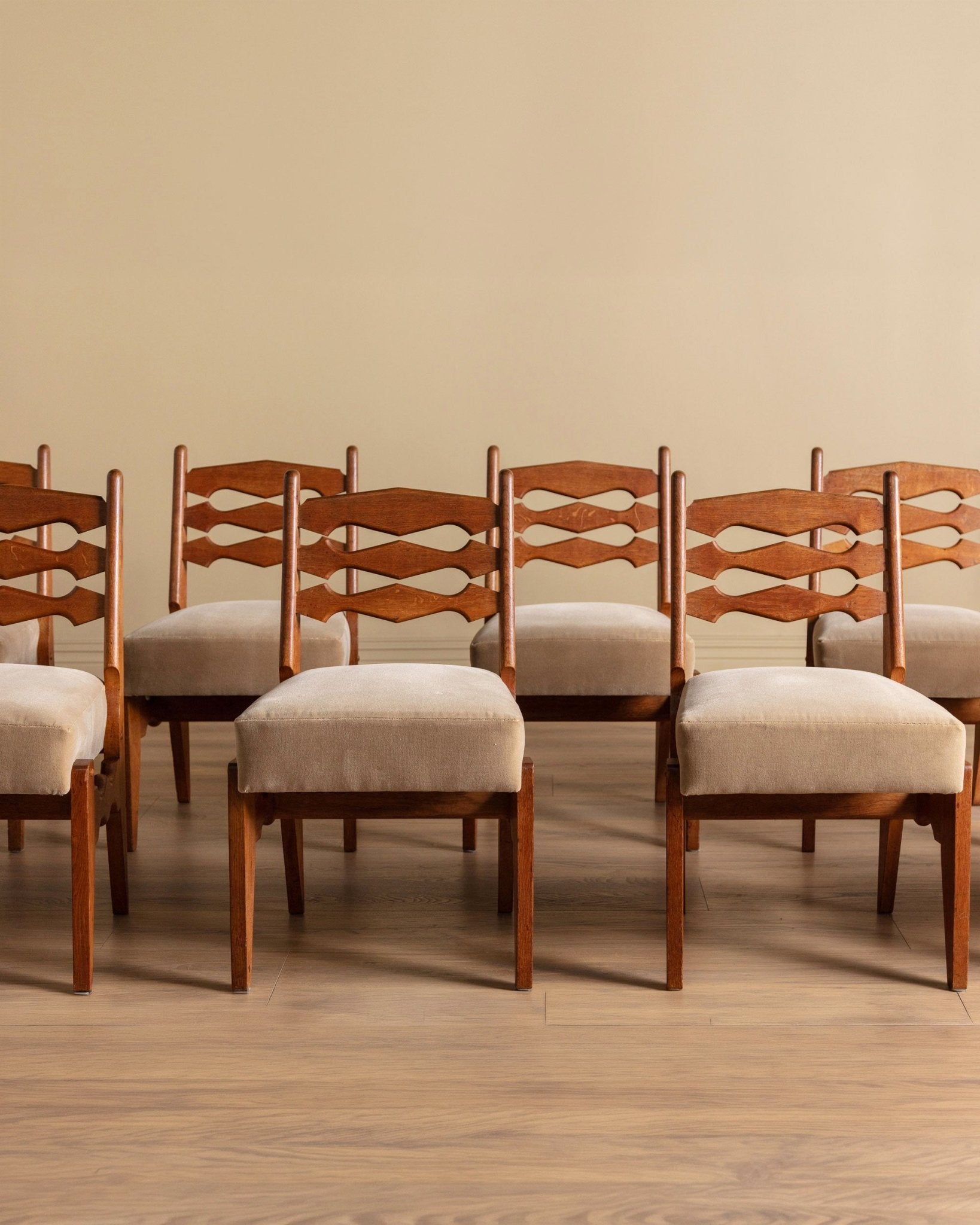 Set of 8 Oak & Honey Mohair Dining Chairs by Guillerme et Chambron, France, 1950's - Lone Fox