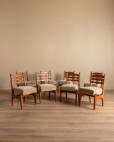 Set of 8 Oak & Honey Mohair Dining Chairs by Guillerme et Chambron, France, 1950's - Lone Fox