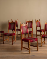 Set of 8 Oak & Red Striped Dining Chairs by Henning Kjaernulf, Denmark, 1970's - Lone Fox