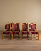 Set of 8 Oak & Red Striped Dining Chairs by Henning Kjaernulf, Denmark, 1970's - Lone Fox